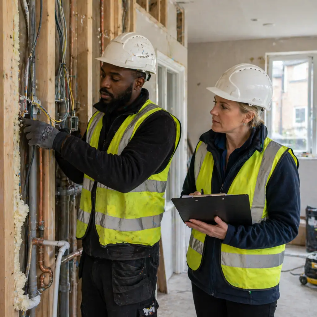 Construction workers inspecting electrical wiring during UK home renovation work