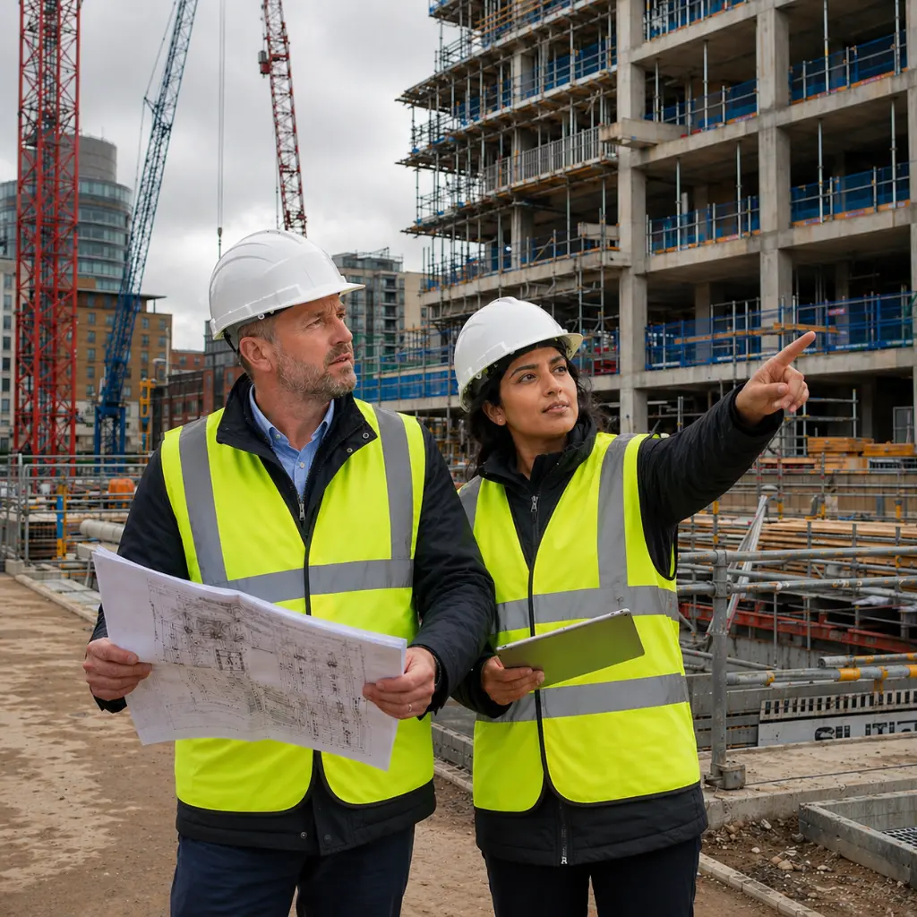 Engineers reviewing plans at UK construction site with cranes and building framework