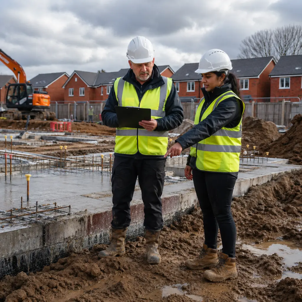 Builders checking foundation work on muddy UK housing site under cloudy weather