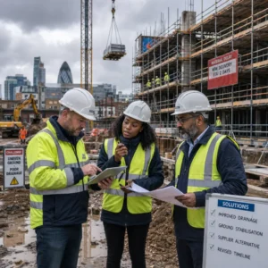 Construction team reviews site issues like poor drainage and delays on UK building site
