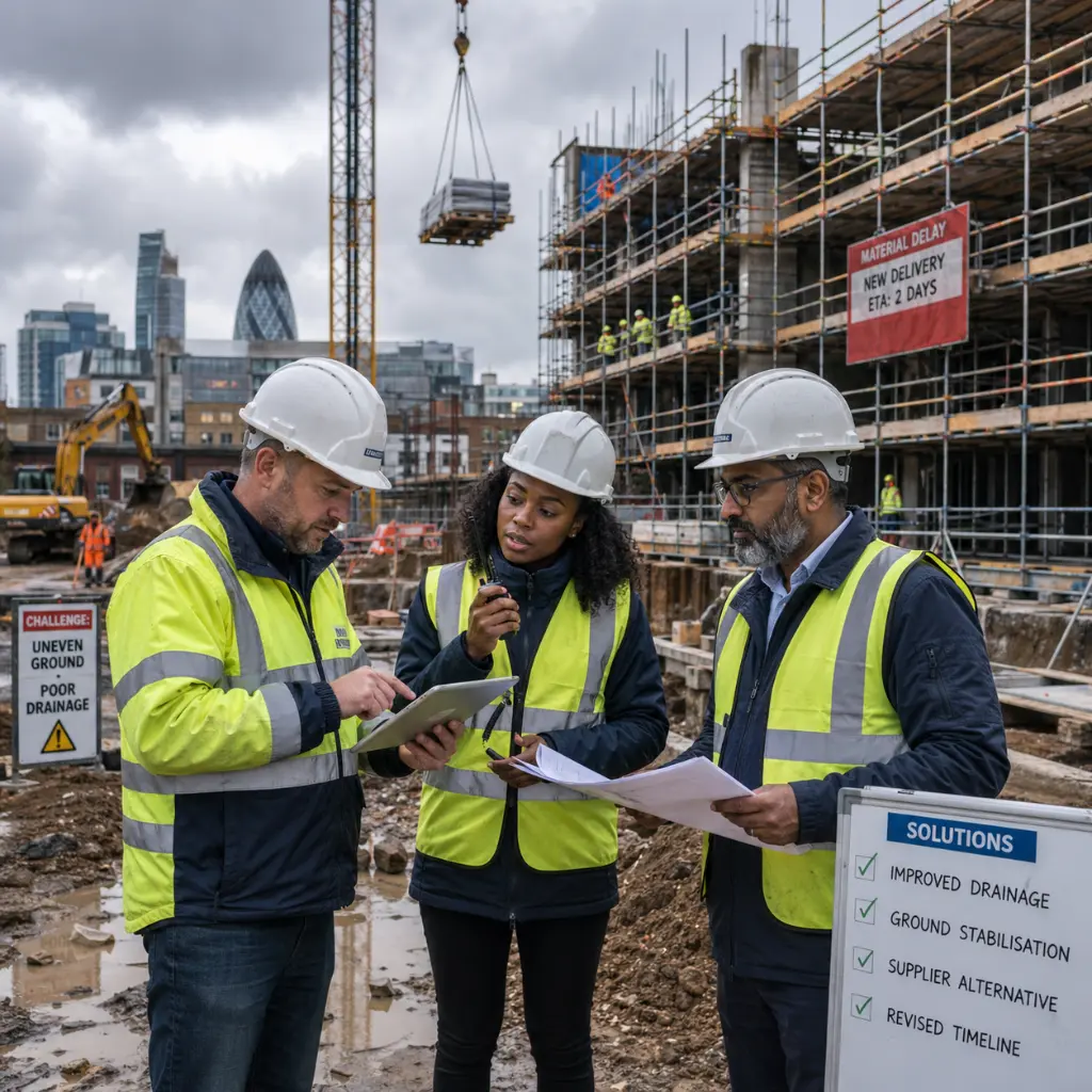Construction team reviews site issues like poor drainage and delays on UK building site