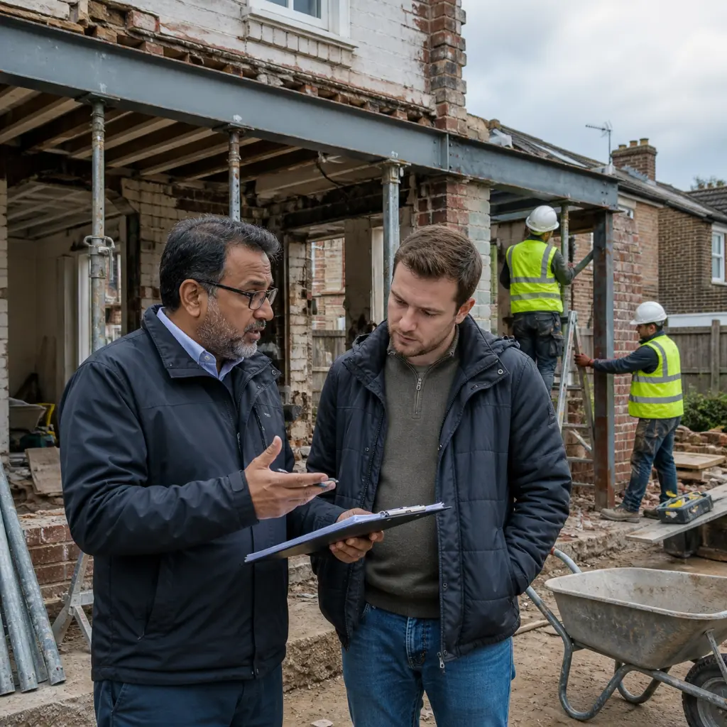 Builder explains structural renovation work to homeowner at partially demolished UK house
