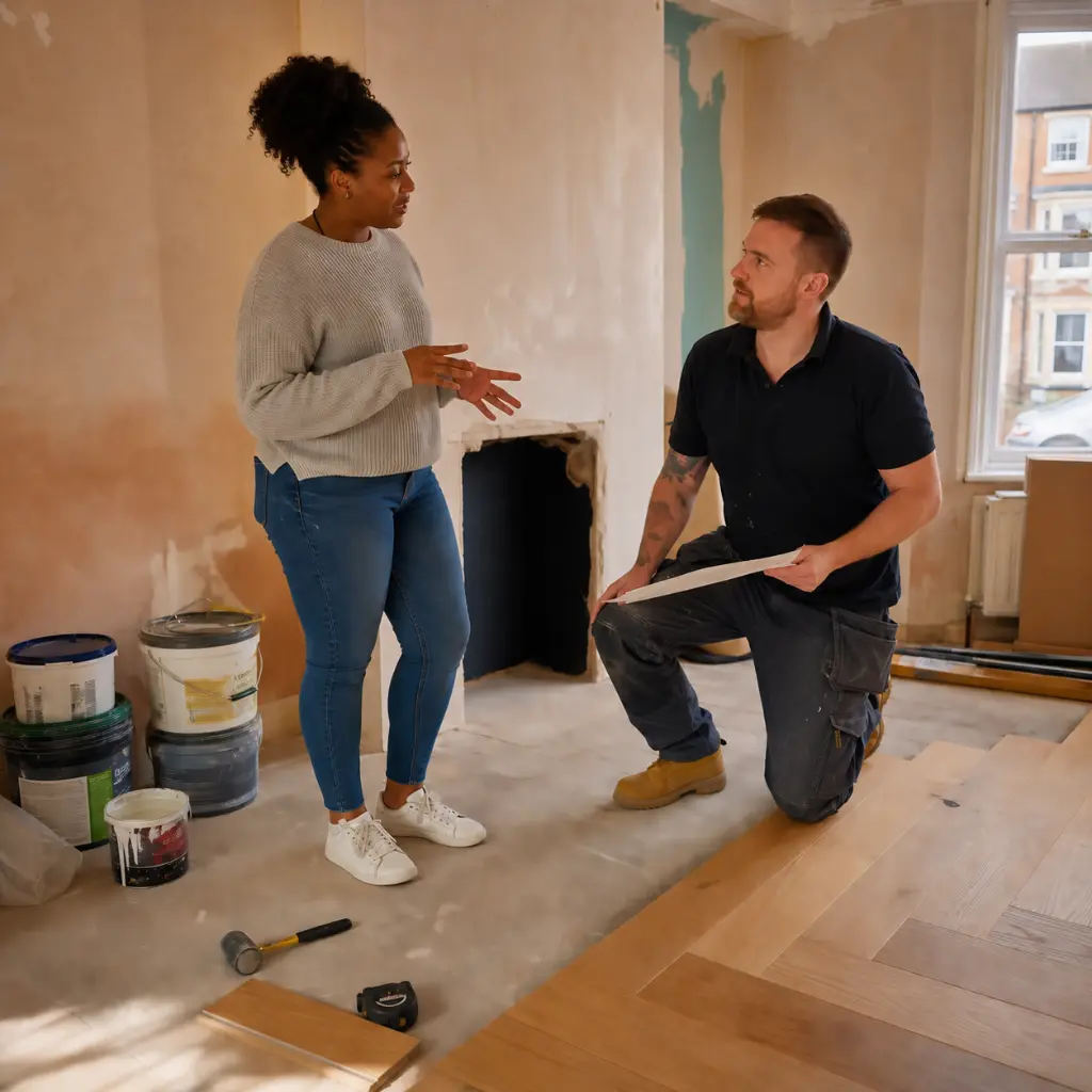 Homeowner and contractor discuss flooring installation inside partially renovated UK home