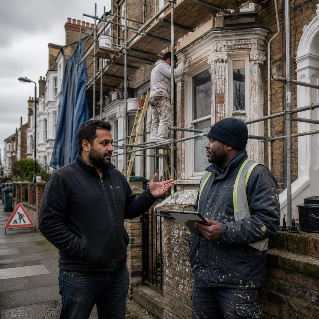 Workers discuss renovation plans outside a UK home with scaffolding and ongoing exterior repairs