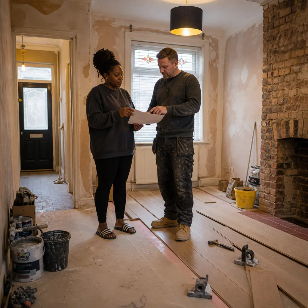 Homeowner and builder review plans inside a partially renovated room with exposed walls
