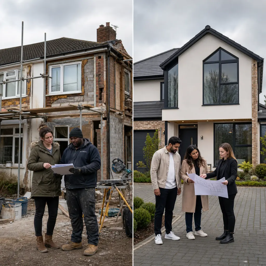 Split view of UK house renovation versus modern rebuild with owners reviewing plans outside
