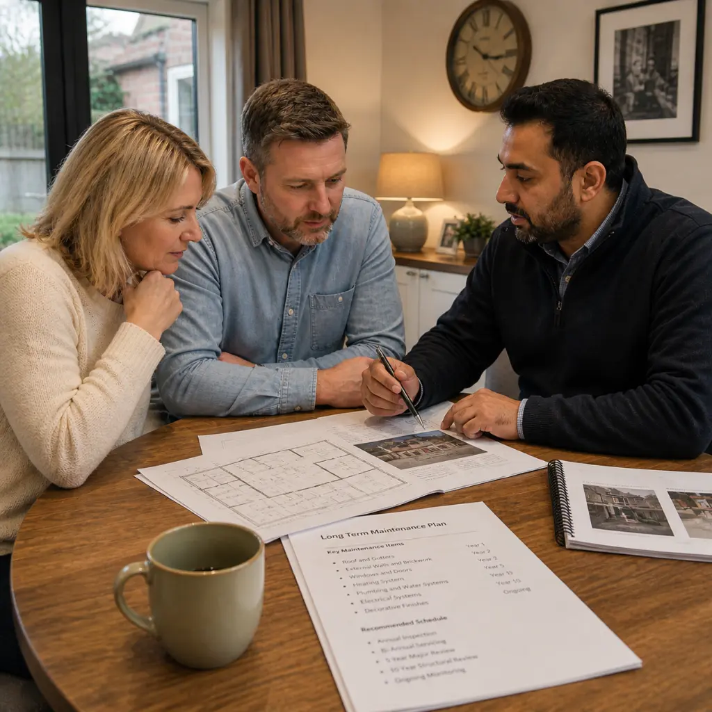 Homeowners meeting builder indoors reviewing renovation plans and project documents