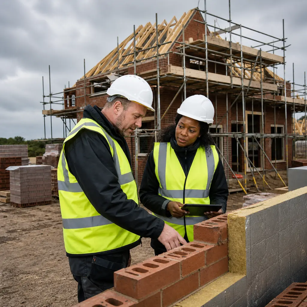 Construction workers inspecting brickwork and insulation at UK housing development