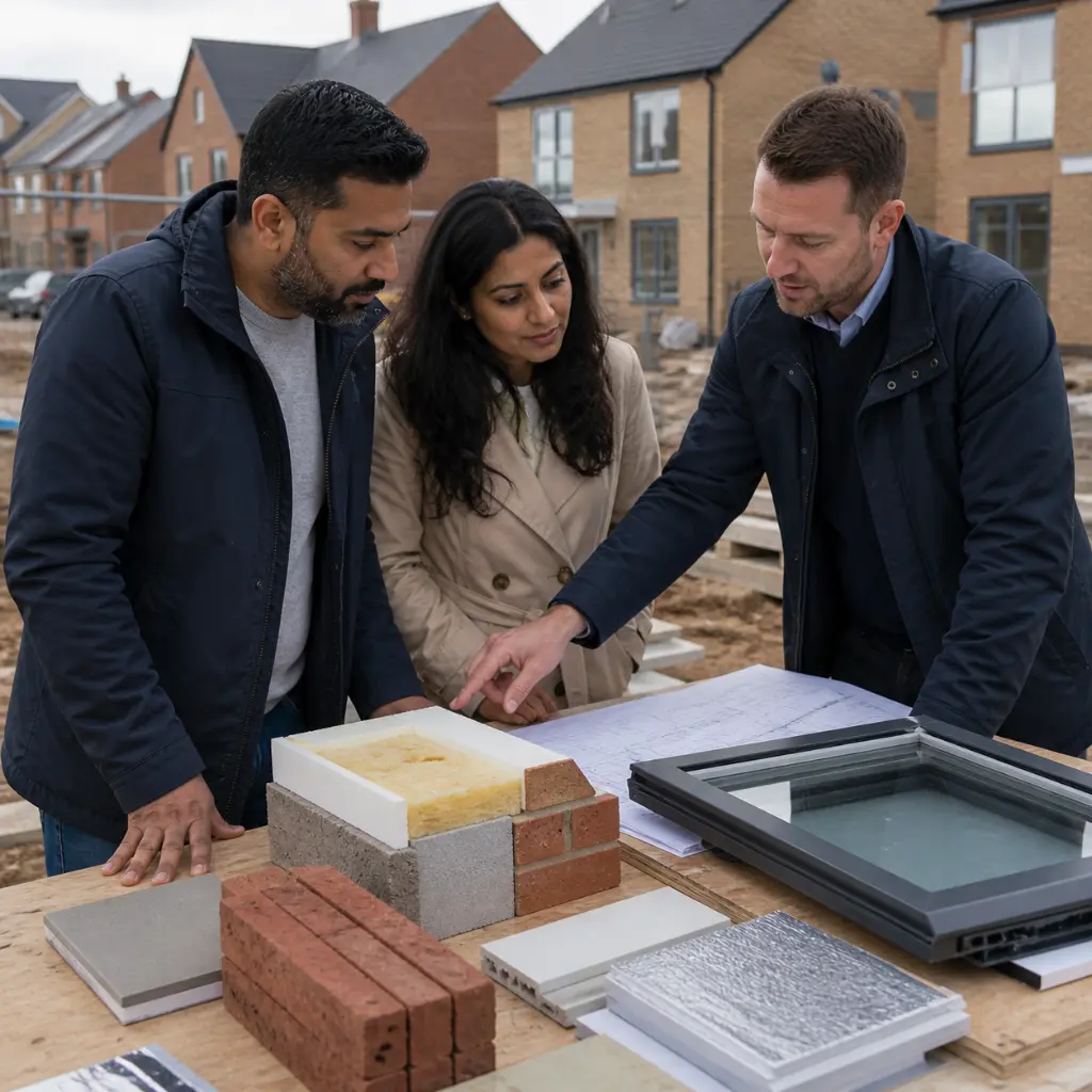 Couple reviewing building materials and insulation samples with architect on UK site