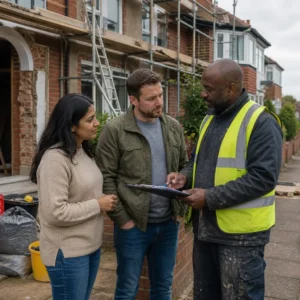 UK couple discussing renovation plans with builder outside suburban brick house