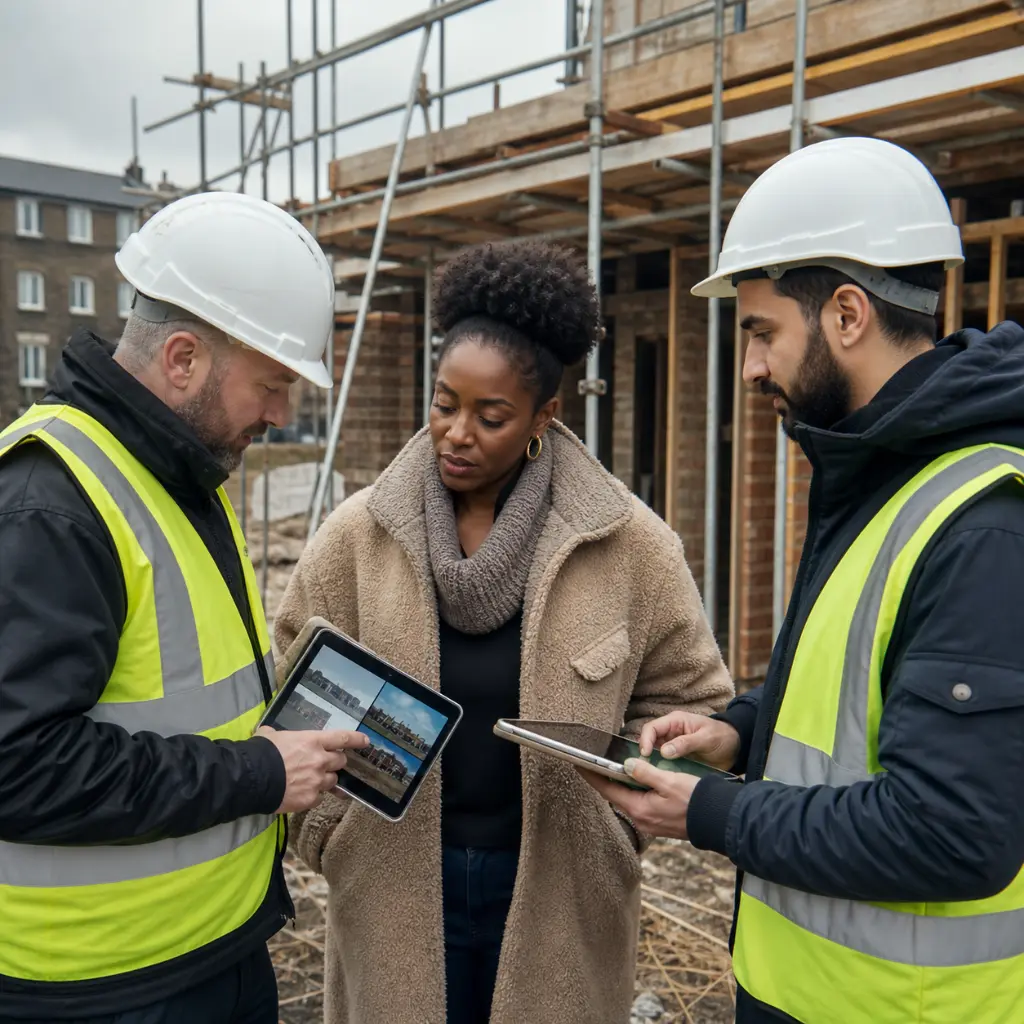 Builders and client reviewing construction plans on tablet at UK housing site