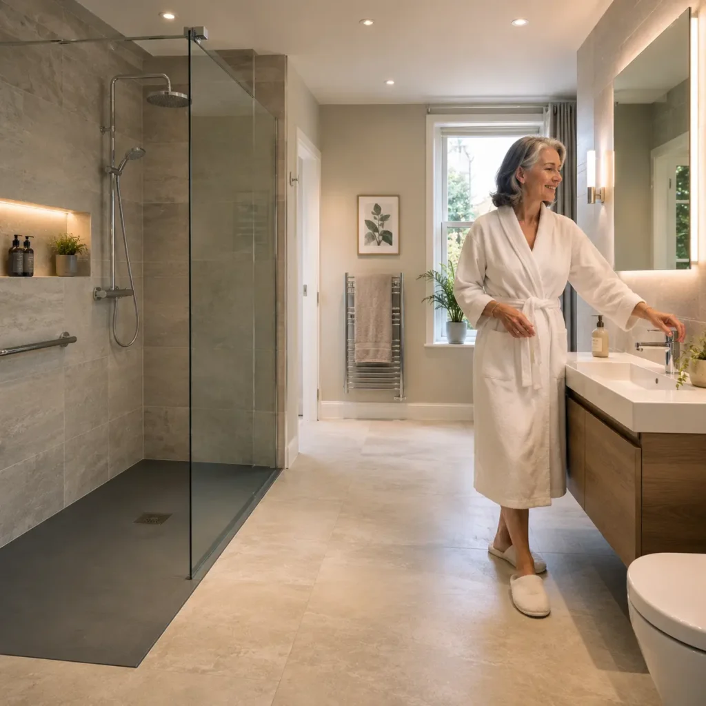 Older woman in a luxury UK wet-room bathroom with step-free slate shower tray, natural stone wall tiles, minimalist glass screen, and accessible chrome fittings.