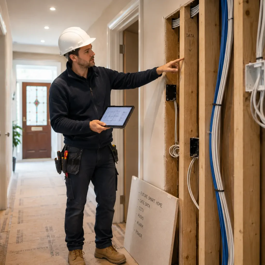 UK home renovation hallway with exposed timber stud wall, structured smart-home cabling, and male contractor reviewing future wiring plans on a digital tablet.