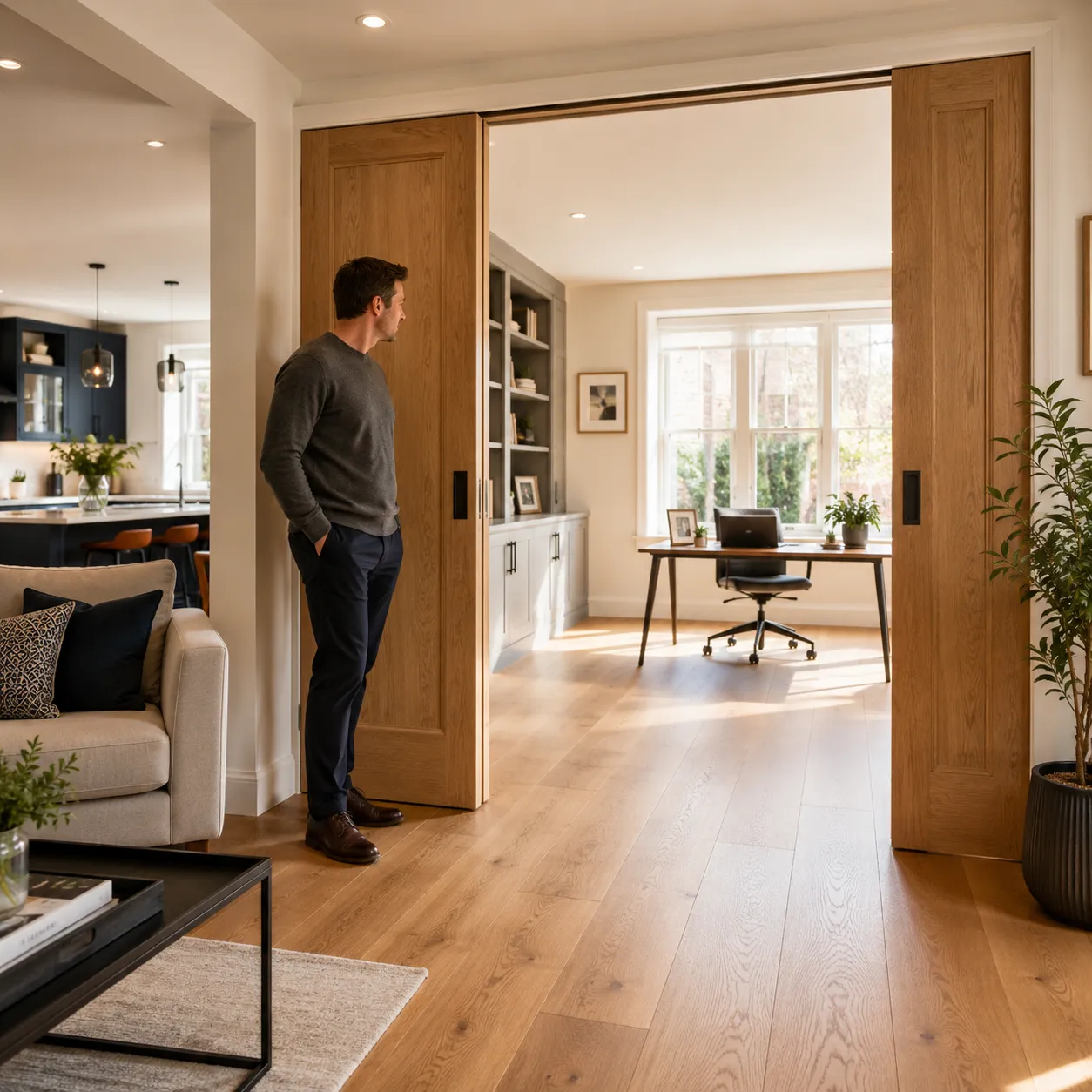 Modern UK open-plan living area with oak pocket doors separating a stylish family lounge and bright home office with engineered oak flooring.