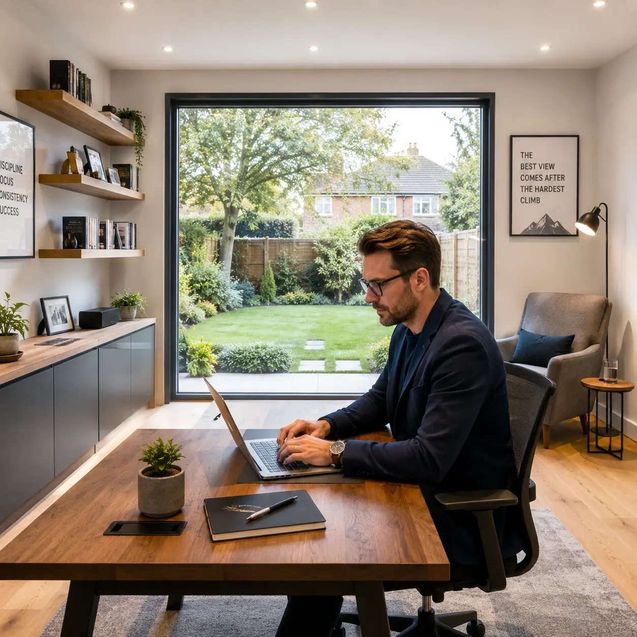 Modern UK garage conversion transformed into a bright home office with large picture window, oak flooring, floating shelves, and a man working at a wooden desk.