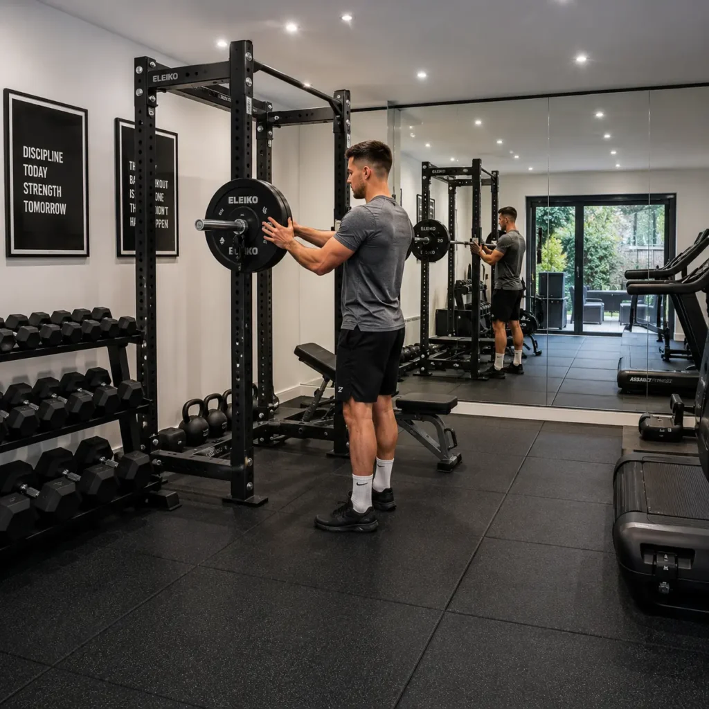Luxury UK garage conversion home gym with rubber flooring, mirrored wall, squat rack, dumbbell storage, and recessed LED ceiling lighting.