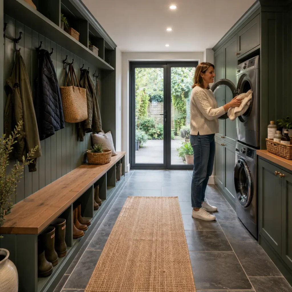 High-end UK garage conversion utility and boot room with sage green cabinetry, slate tile flooring, built-in storage benches, and integrated washer dryer.