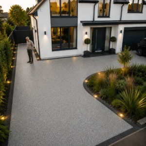 Modern UK home with silver grey resin bound driveway, recessed LED edging lights, landscaped ornamental grasses, and homeowner admiring the smooth surface at sunset.
