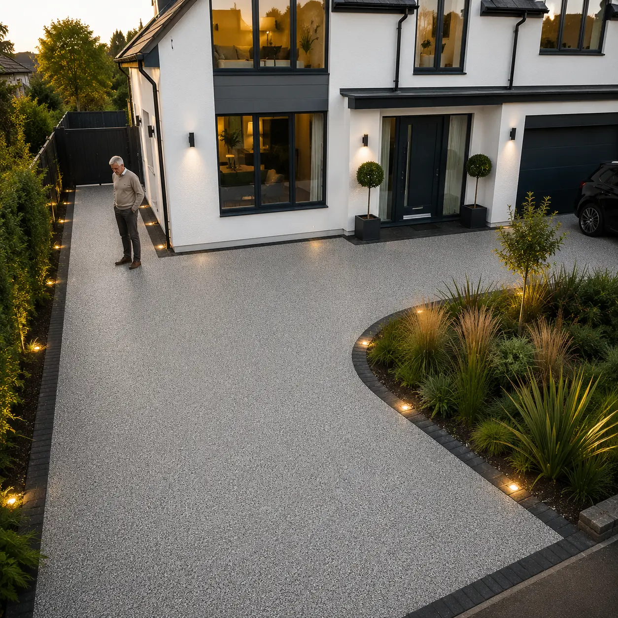 Modern UK home with silver grey resin bound driveway, recessed LED edging lights, landscaped ornamental grasses, and homeowner admiring the smooth surface at sunset.