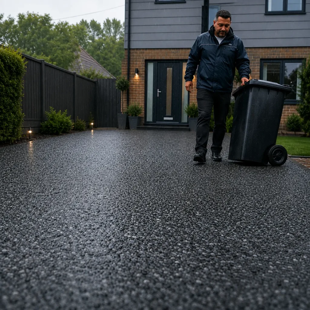 Modern UK home with dark charcoal resin bound driveway during light rain, featuring permeable surfacing and homeowner moving a wheelie bin safely across the wet surface.