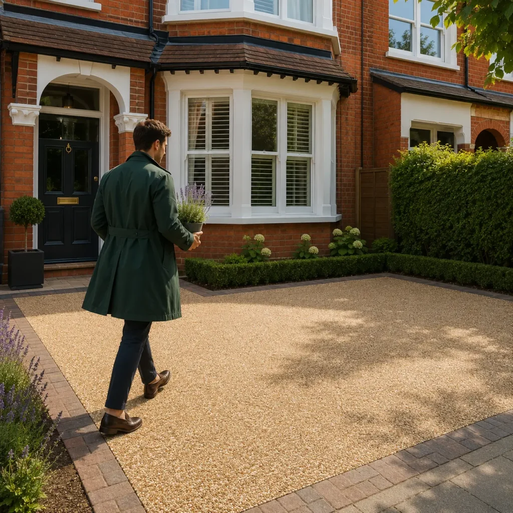 Edwardian red brick semi detached UK home with warm cream resin bound driveway and homeowner carrying a lavender plant toward the entrance.