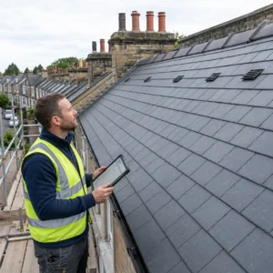 Professional surveyor inspecting newly installed slate roof ventilation vents on a Victorian terraced house in a UK town.