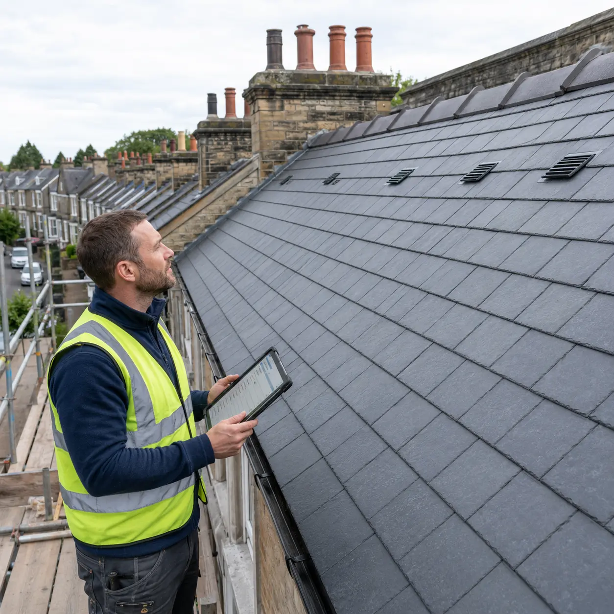 Professional surveyor inspecting newly installed slate roof ventilation vents on a Victorian terraced house in a UK town.