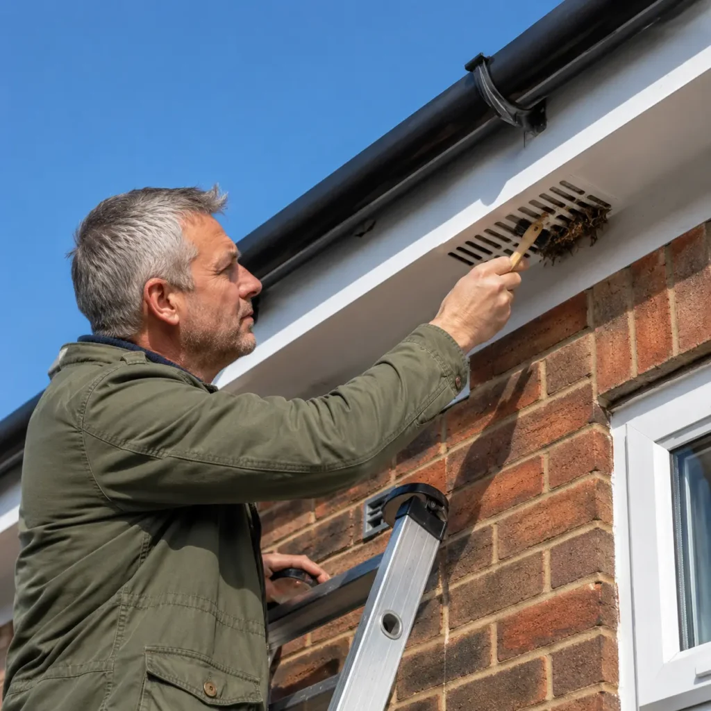 UK homeowner clearing debris from a soffit ventilation grille on a brick semi-detached house using a step ladder.