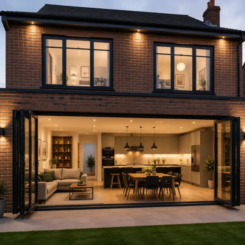 Double-storey rear house extension with matching brickwork, large bifold doors and modern open-plan living space in a UK semi-detached property.