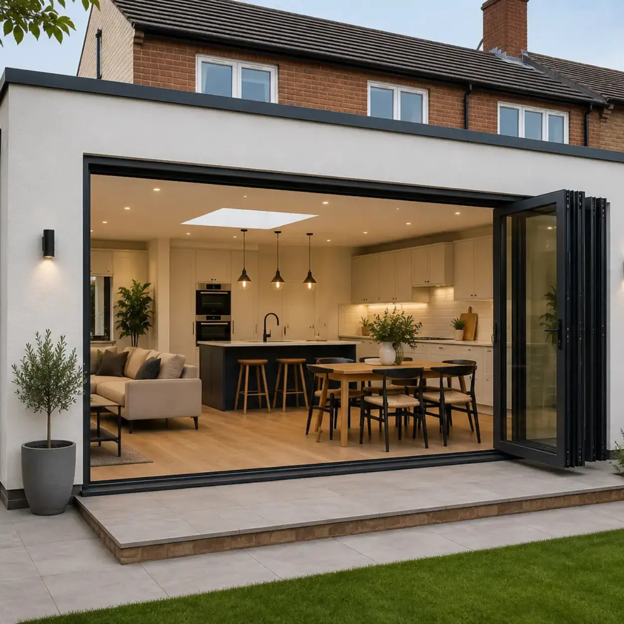 Modern single-storey rear extension with white rendered exterior, large bifold doors and open-plan kitchen diner in a UK suburban home.