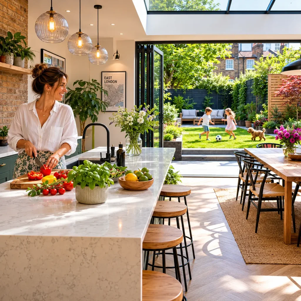 Bright open-plan kitchen and dining area inside a London-style side-return extension with skylight, quartz island and garden-facing bifold doors.