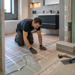 Installer laying electric underfloor heating mats during bathroom renovation.