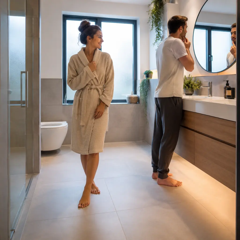 Young couple enjoying warm underfloor heating in a modern UK bathroom.
