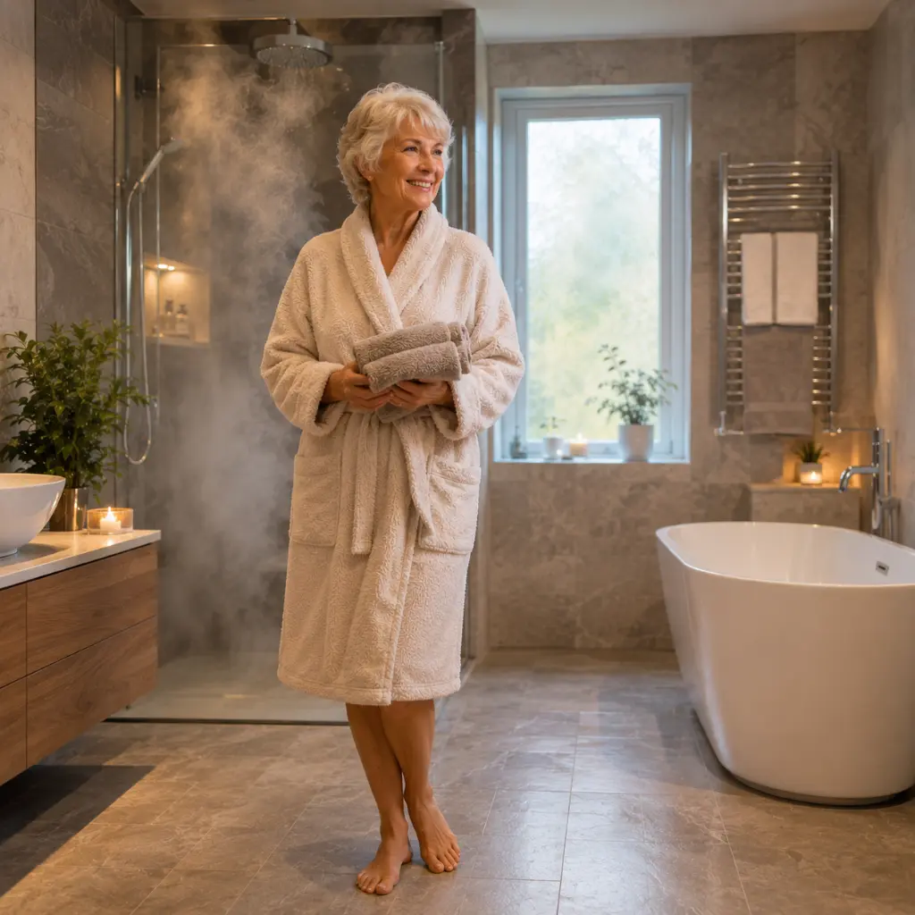 A senior woman enjoying the warm bathroom floor after a relaxing shower.