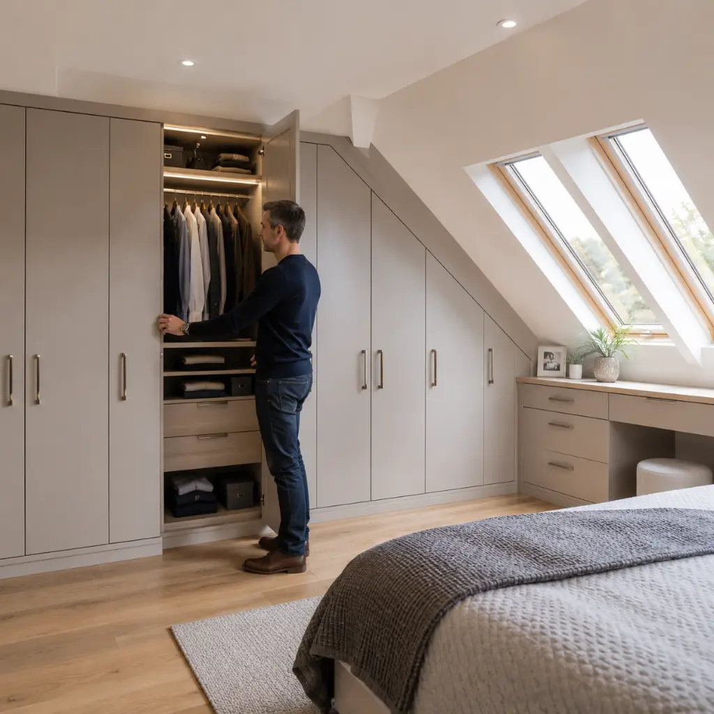 Man accessing fitted loft wardrobe beneath sloping ceiling storage