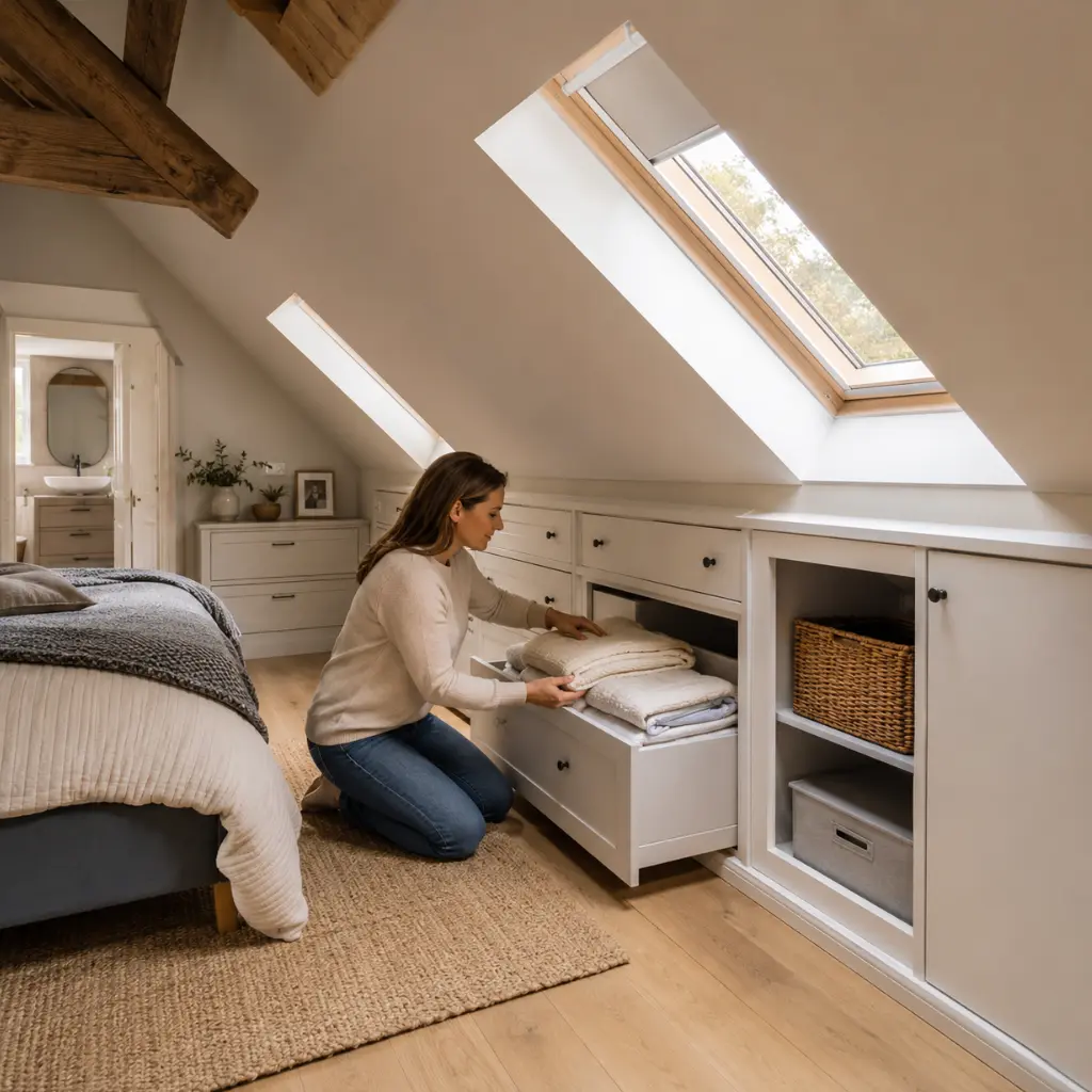 Woman organising bedding within bespoke eaves storage loft bedroom