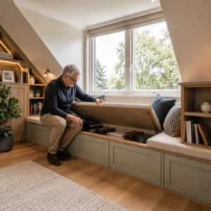 Mature man opening hidden storage bench beneath dormer loft window