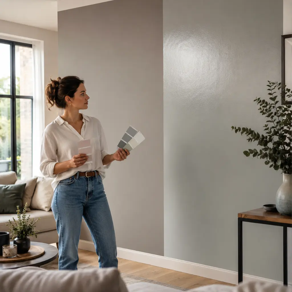 Woman comparing matt and silk paint finishes in UK livingroom