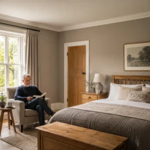 Man reading beside window in cosy matt-painted UK bedroom interior