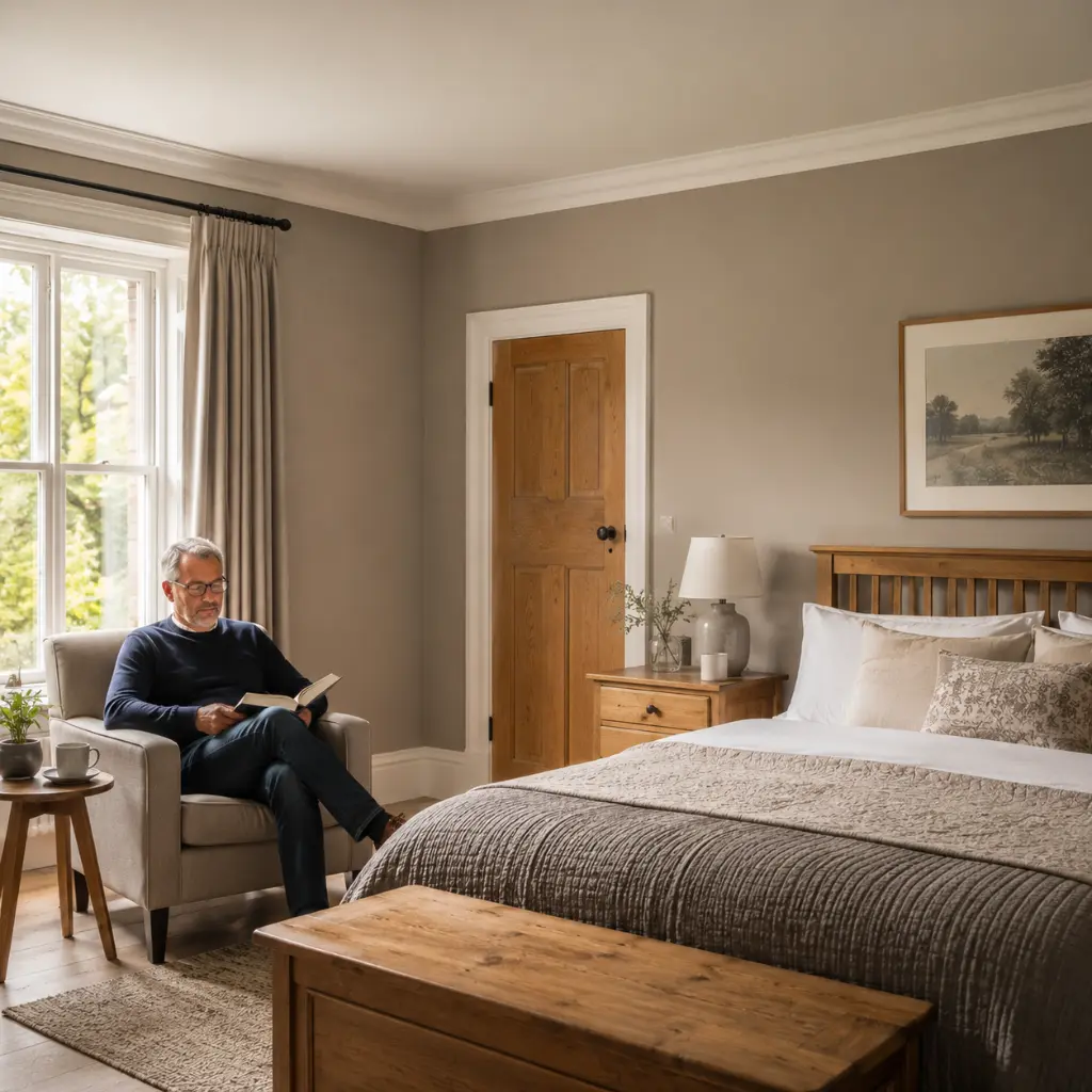 Man reading beside window in cosy matt-painted UK bedroom interior