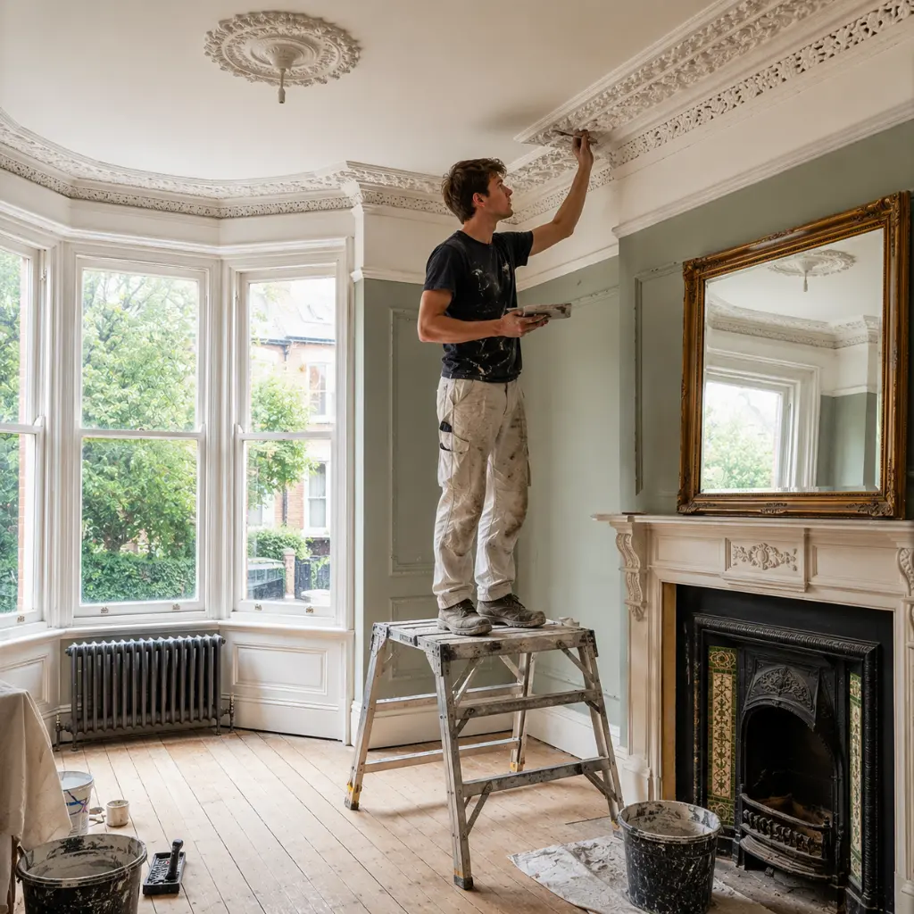Young craftsman repairing ornate cornice in Edwardian UK heritage home
