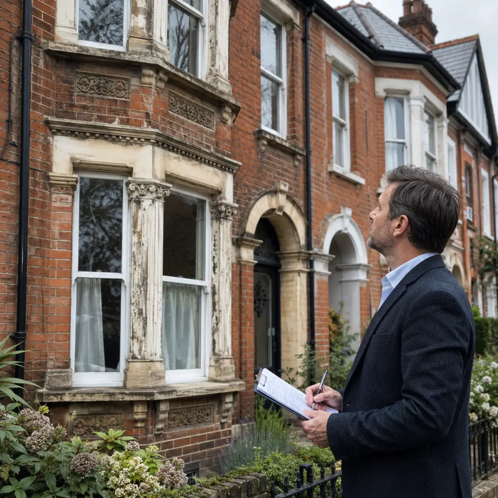 Building surveyor inspecting Victorian terraced house before restoration project undertaken
