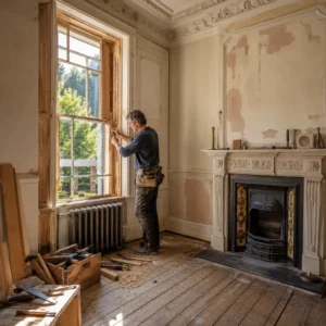 Craftsman restoring original sash window inside Victorian UK period home