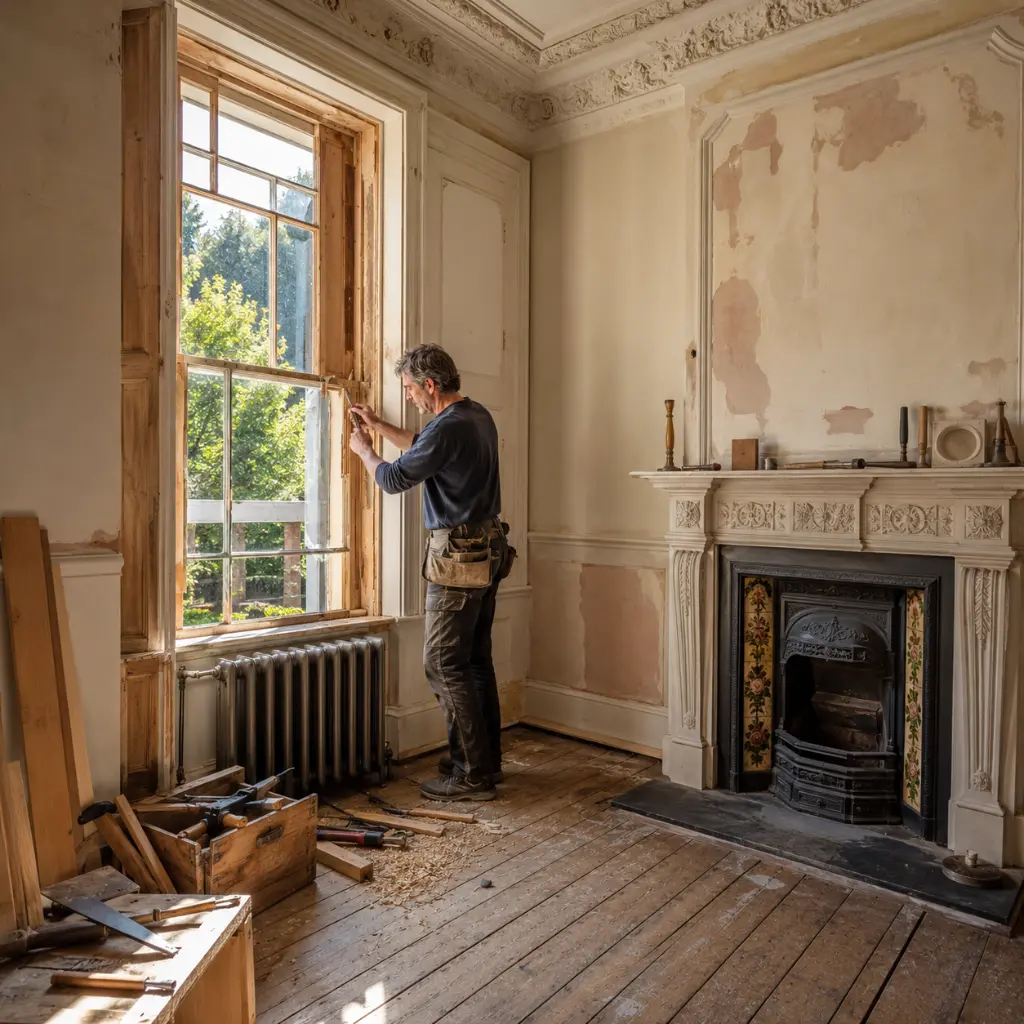 Craftsman restoring original sash window inside Victorian UK period home