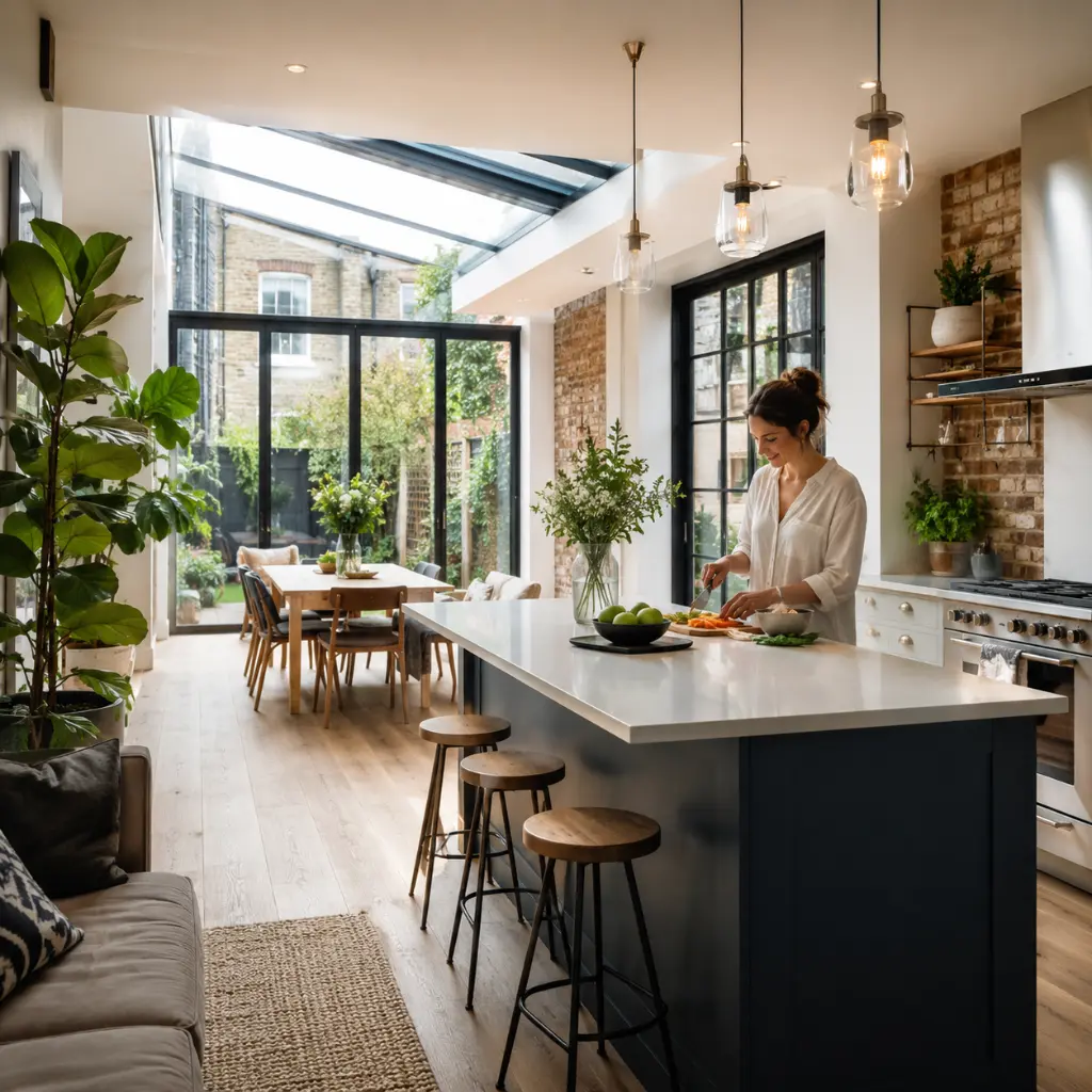 Woman preparing food inside bright Victorian side return kitchen extension