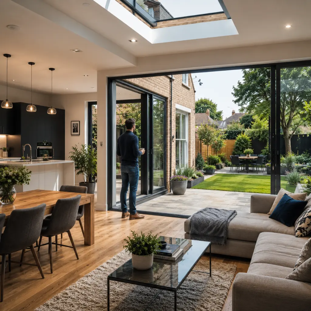 Man overlooking landscaped garden from modern rear home extension