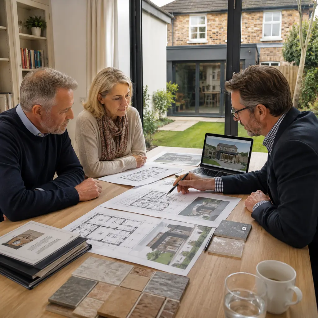 Homeowners reviewing extension plans with architect inside modern property